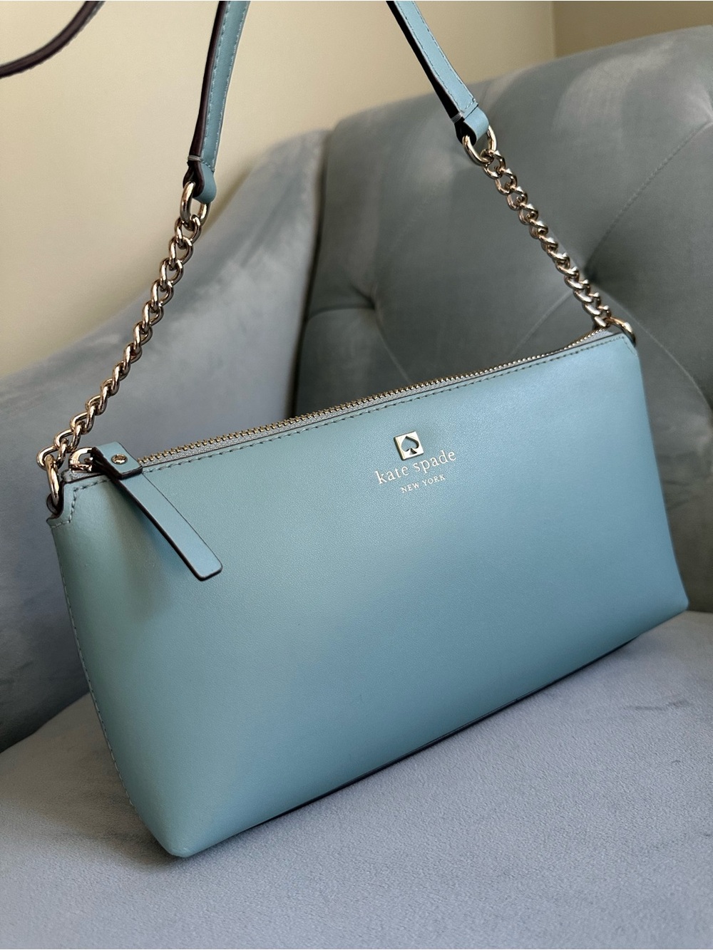 kate spade blue leather crossbody bag with gold chain strap